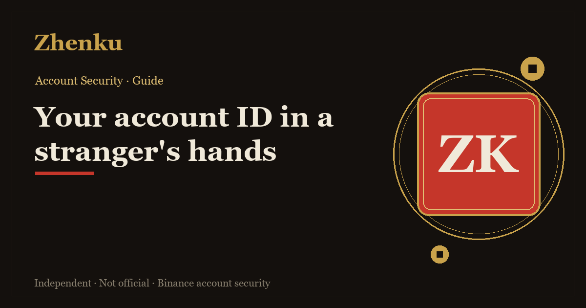 Dark cover with the headline Your account ID in a stranger's hands on the left and a red square seal lettered ZK inside a gold ring on the right
