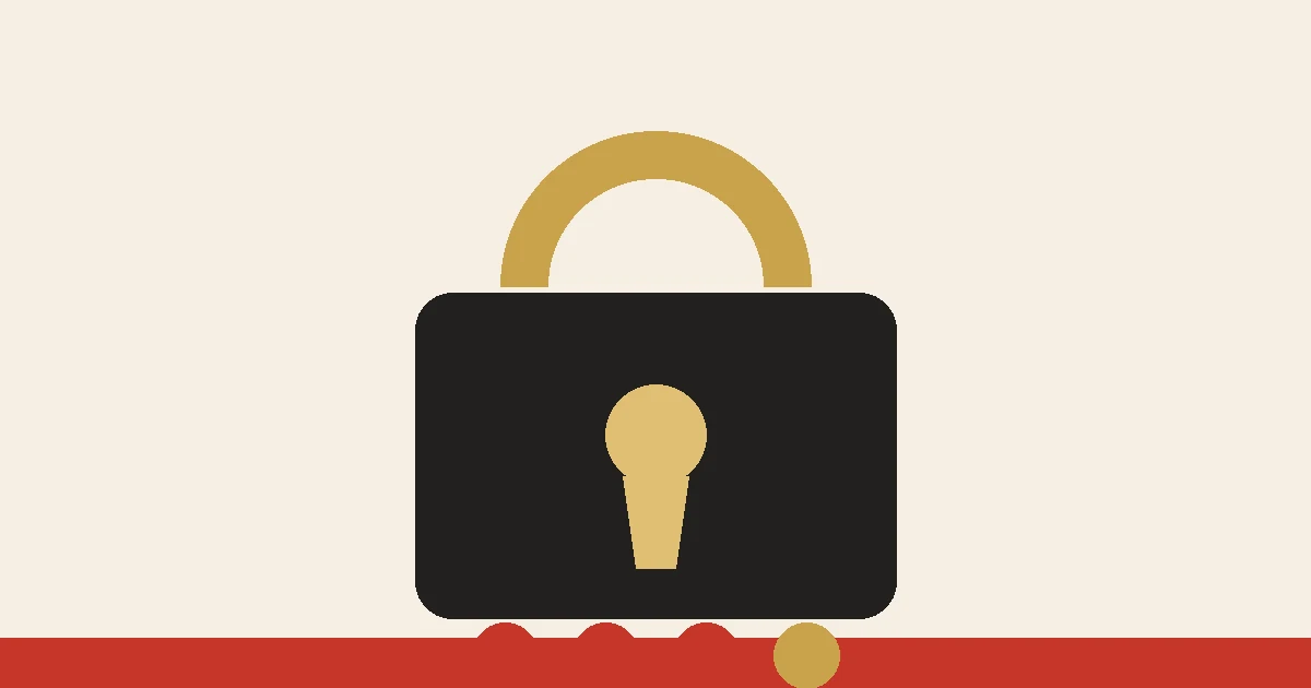 A black padlock on a cream field, with three red dots and one gold dot along the red band, standing for repeated verification attempts