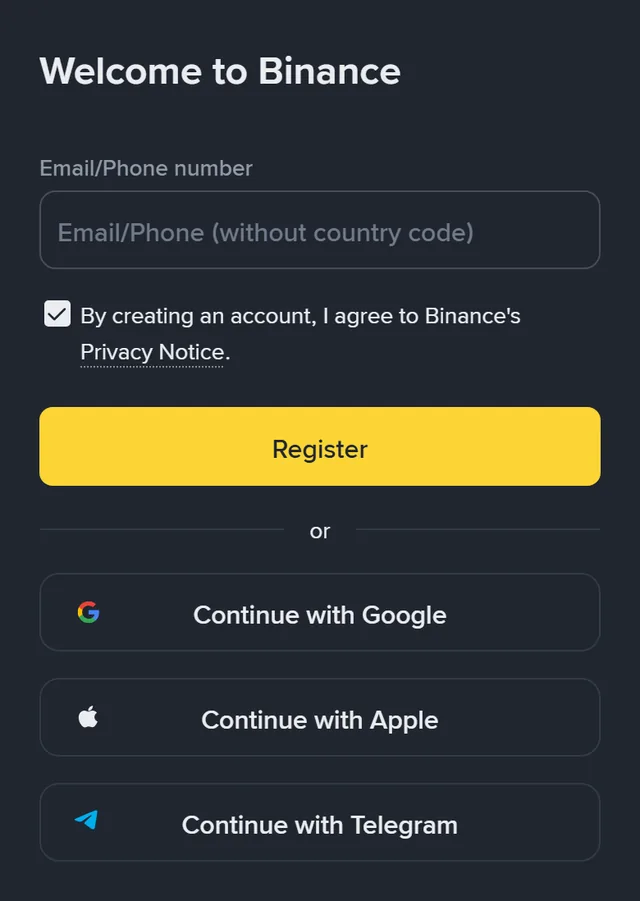 Binance sign-up page: the heading “Welcome to Binance”, one “Email/Phone (without country code)” field, a ticked “By creating an account, I agree to Binance's Privacy Notice” box, a yellow “Register” button, then “Continue with Google”, “Continue with Apple” and “Continue with Telegram” buttons